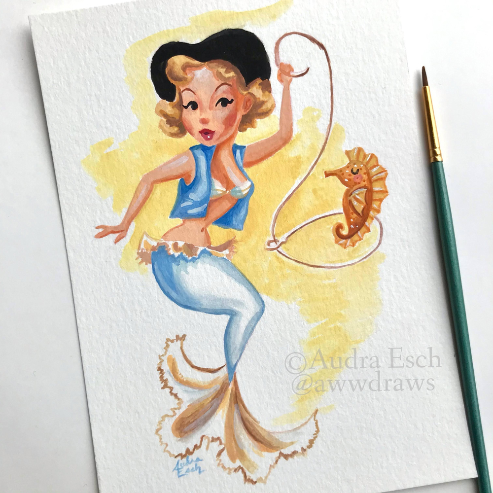 Cowgirl Pin Up Mermaid Gouache Painting – Audra Esch Arts